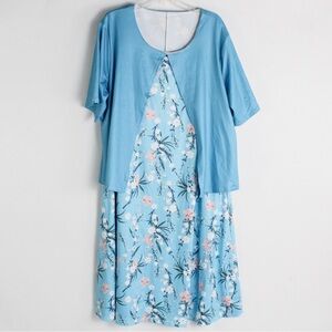 Women's Plus Size Blue Short-sleeved Round Neck Printed Dress (SIZE 2XL)